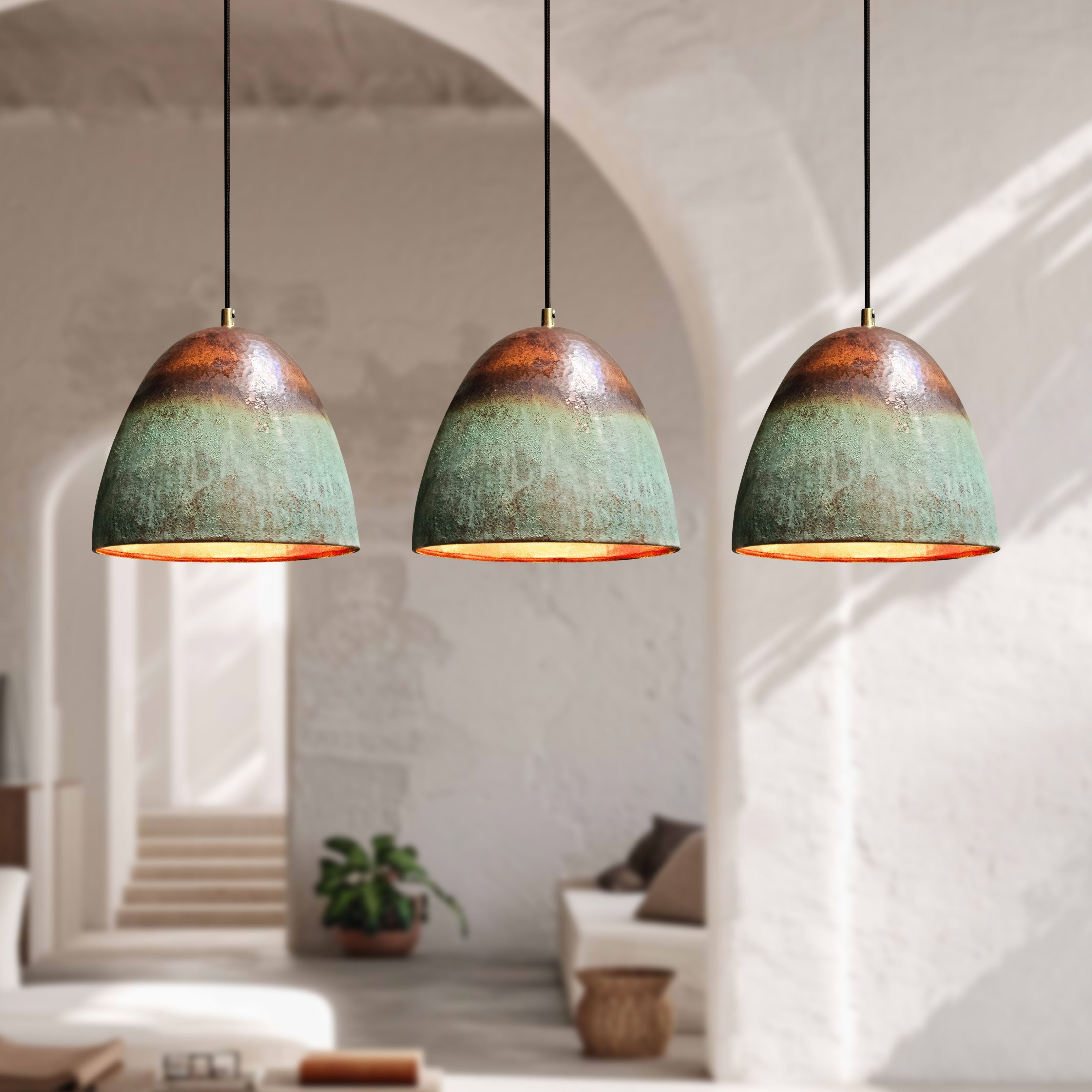 Set of 3 Copper Island Pendant Lights – Farmhouse Kitchen Ceiling Fixtures