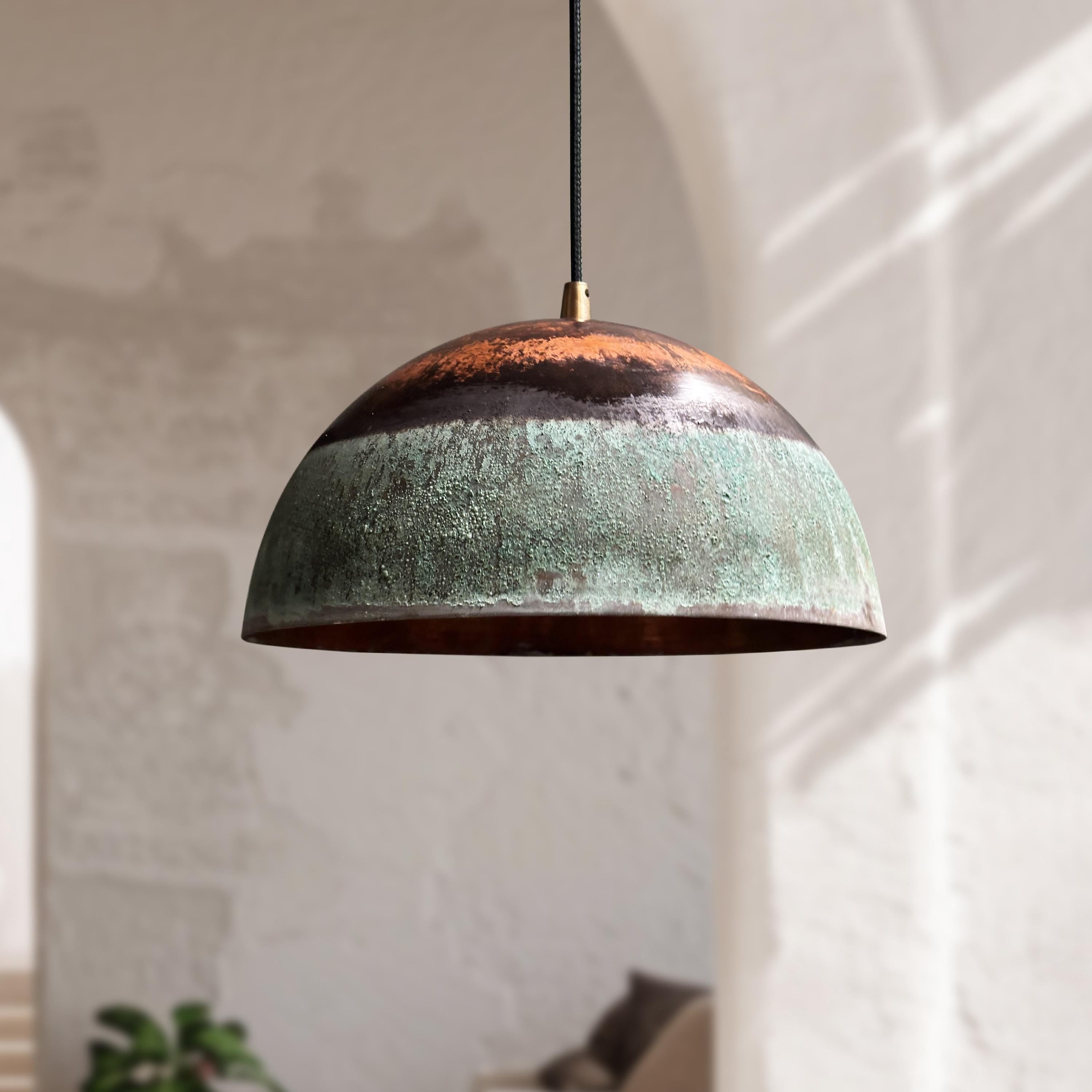 Green Patina Copper Pendant Light – Handmade Oxidized Rustic Dome Fixture