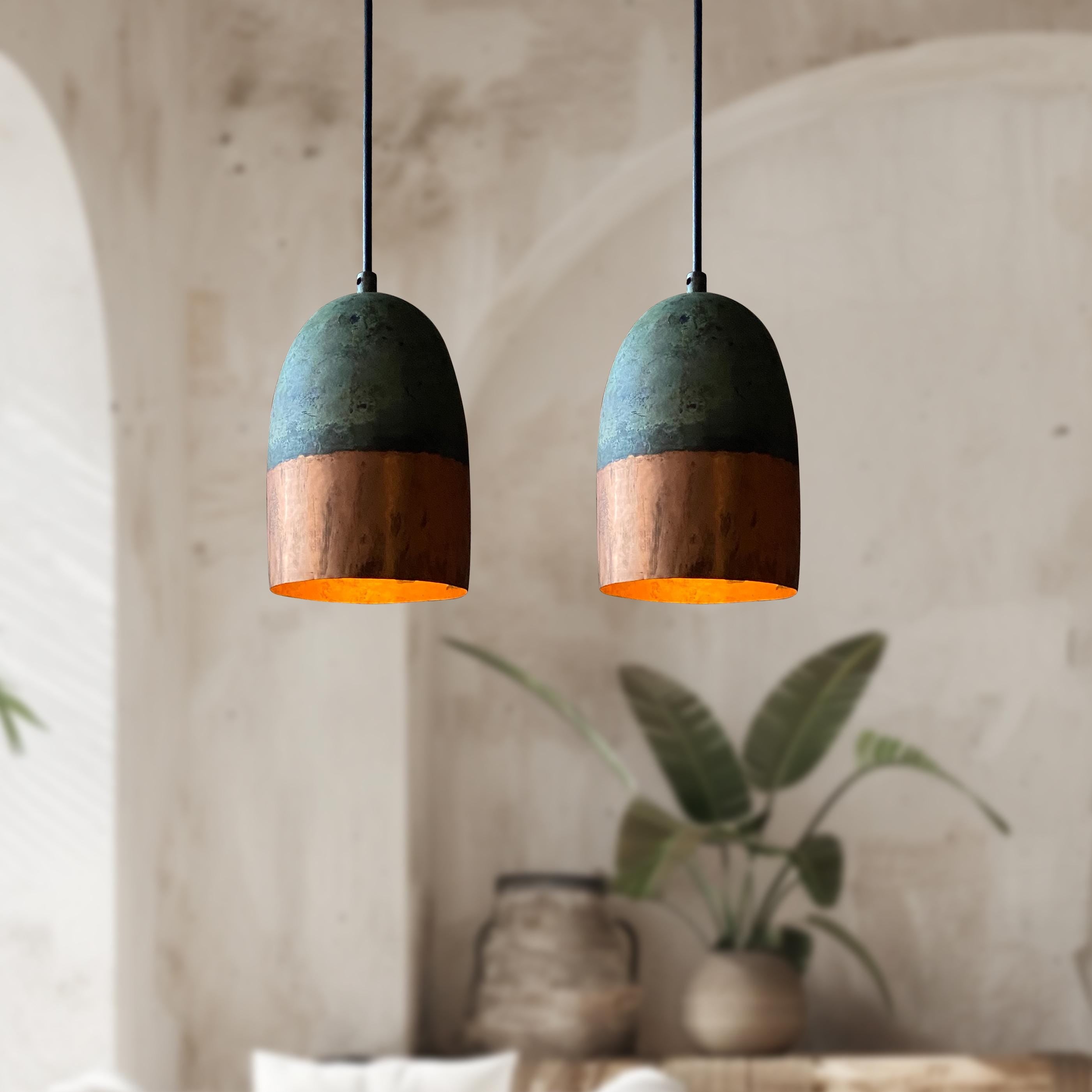Set of 2 Green Patina Copper Pendant Lights – Oxidized Farmhouse Kitchen Lighting