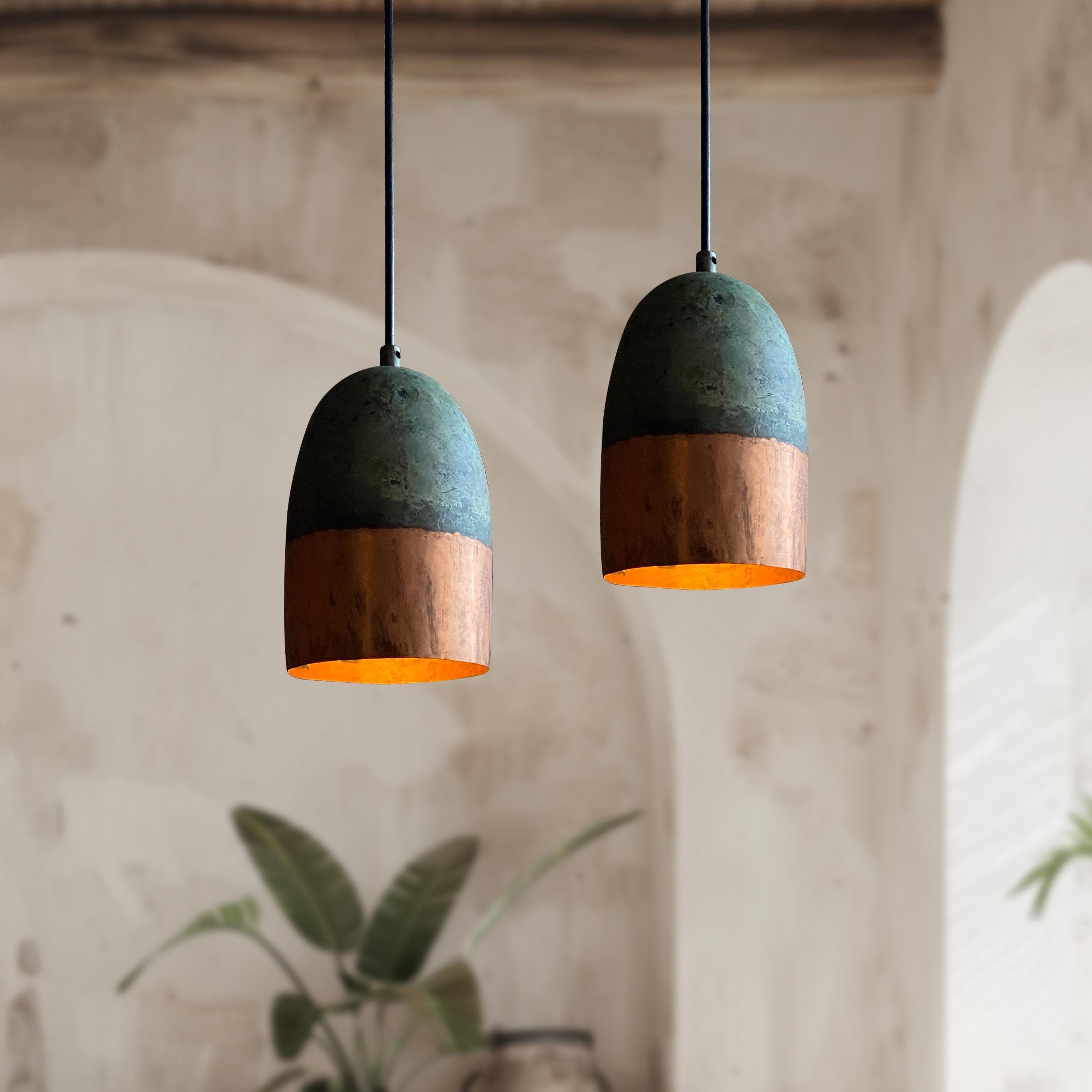 Set of 2 Green Patina Copper Pendant Lights – Oxidized Farmhouse Kitchen Lighting