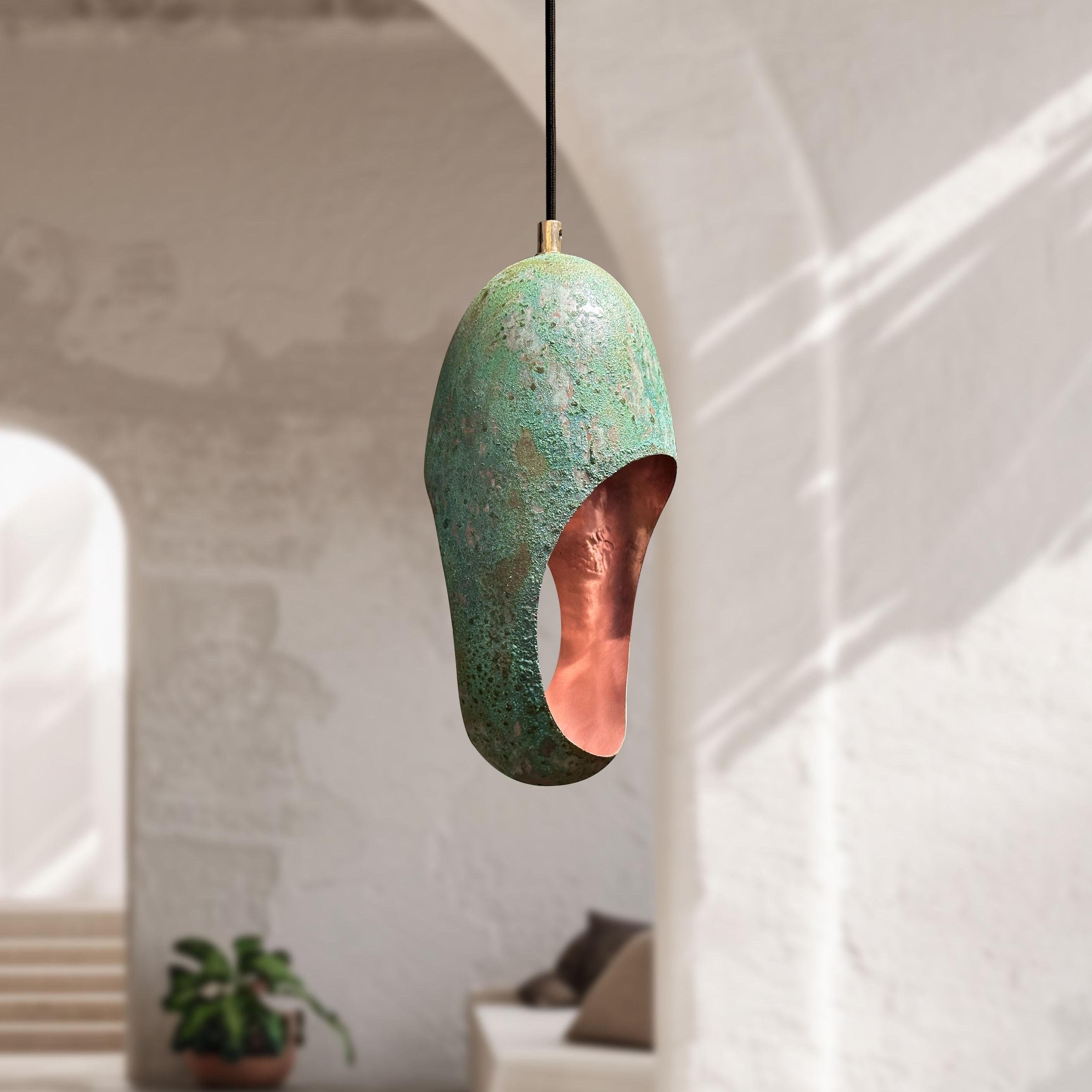 Handmade Green Patina Farmhouse Light – Oval Copper Pendant
