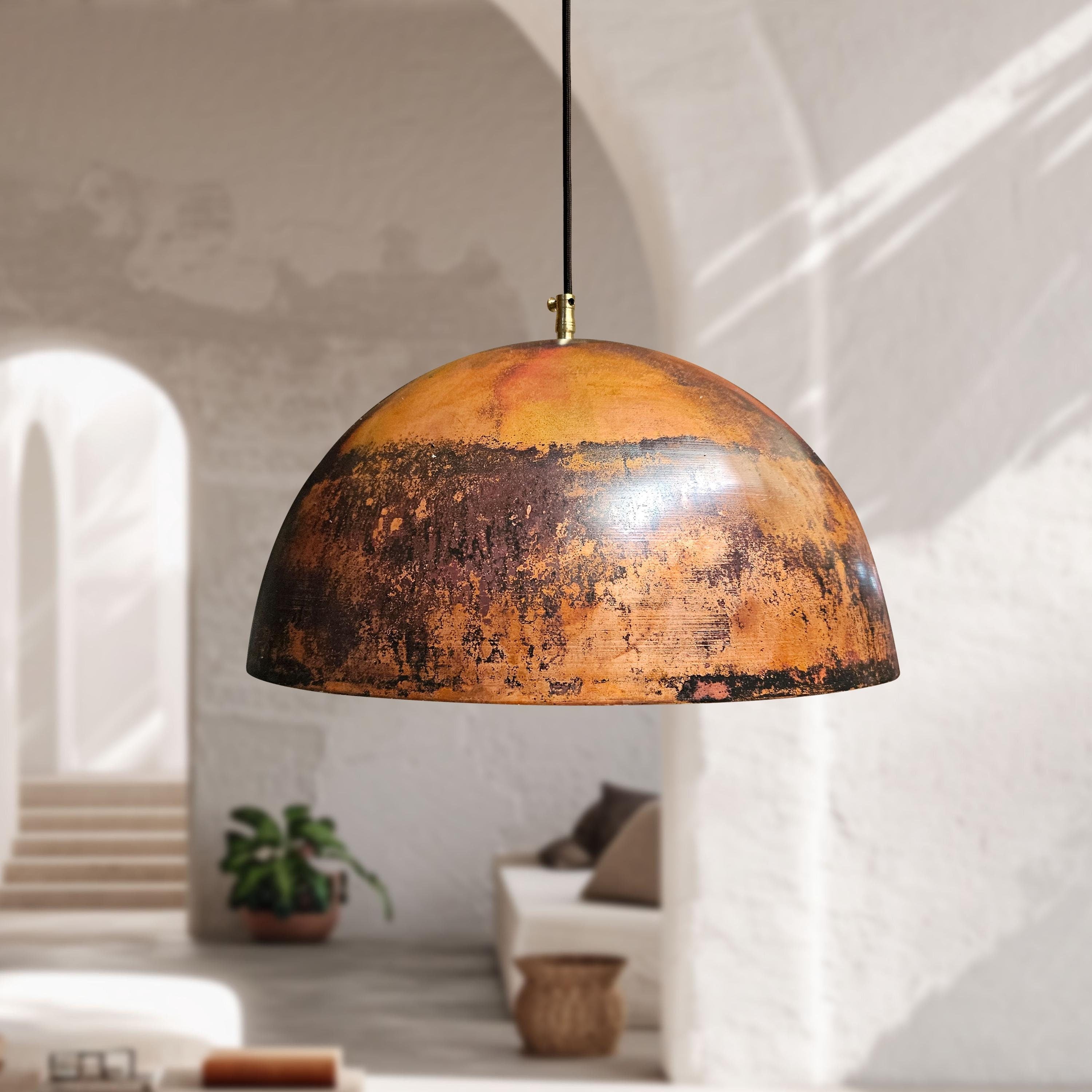 Round Copper Pendant Light – Rustic Dome Farmhouse Kitchen Fixture