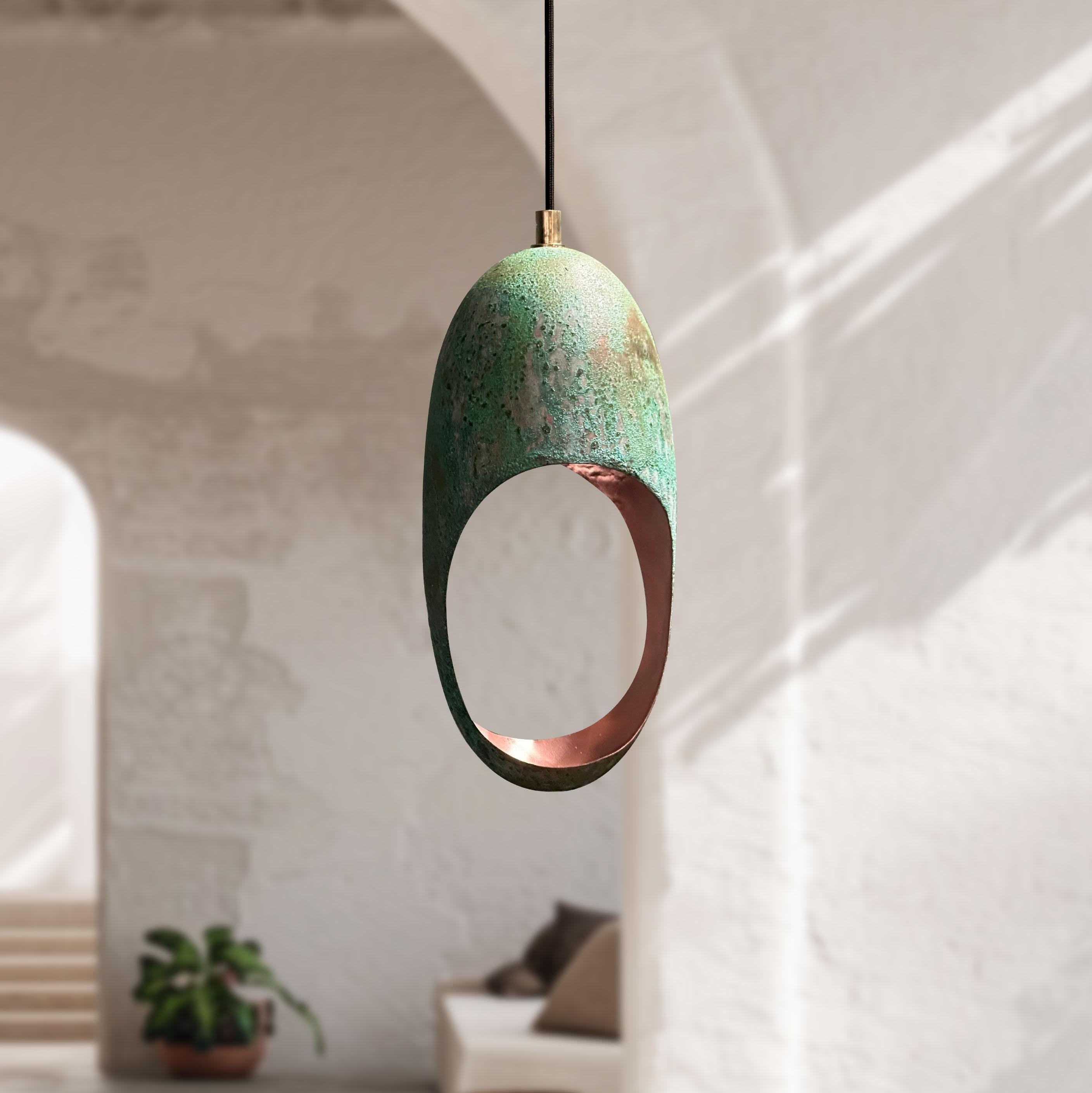 Handmade Green Patina Farmhouse Light – Oval Copper Pendant